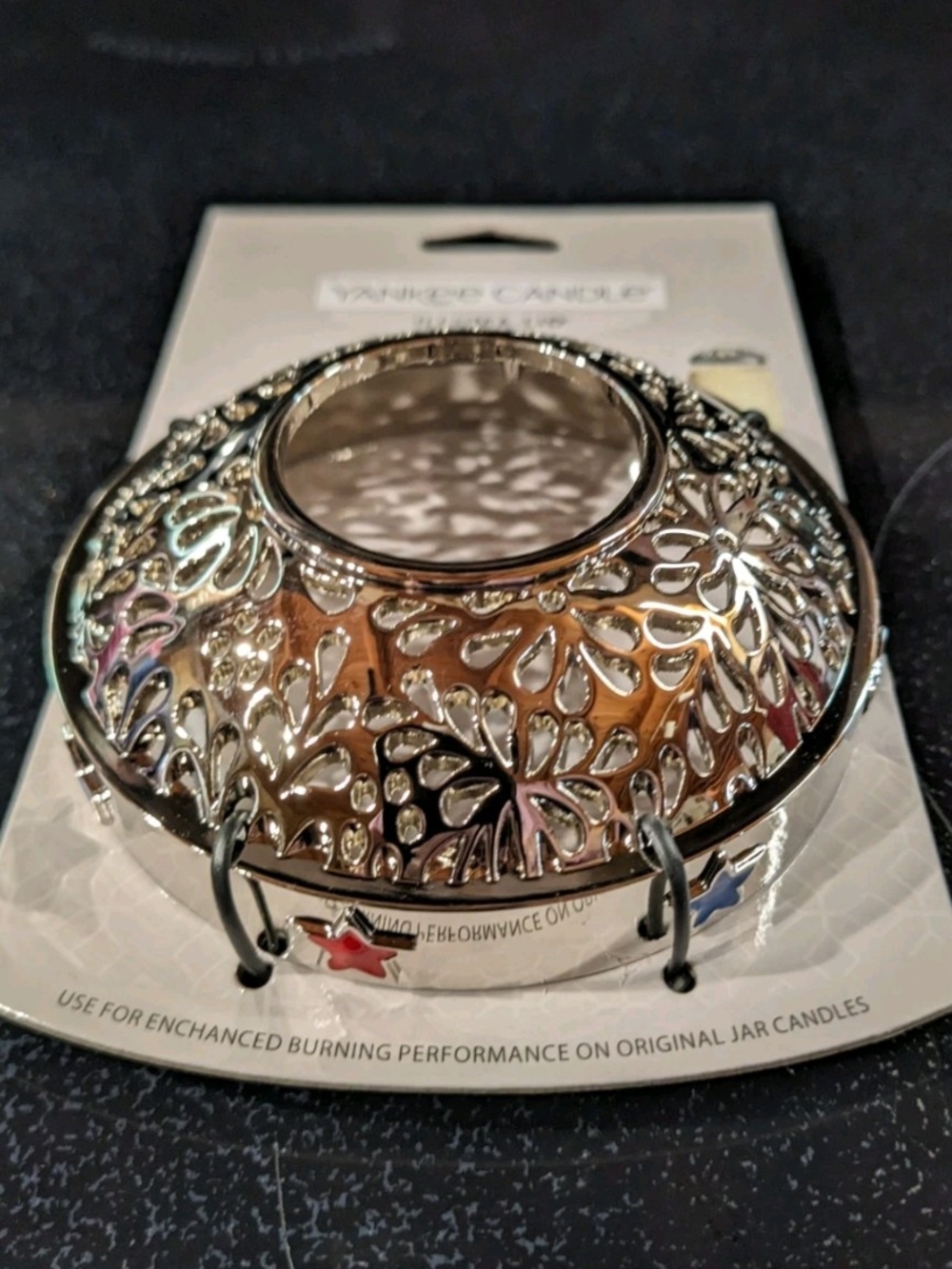 Yankee Candle Silver Floral Cutout With Red & Blue Patriot Stars Illuma Lid Top